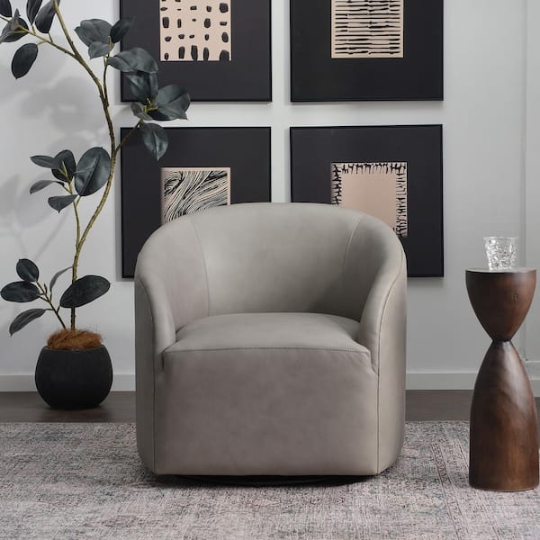 Gray 100% Genuine Leather Swivel Barrel Armchair