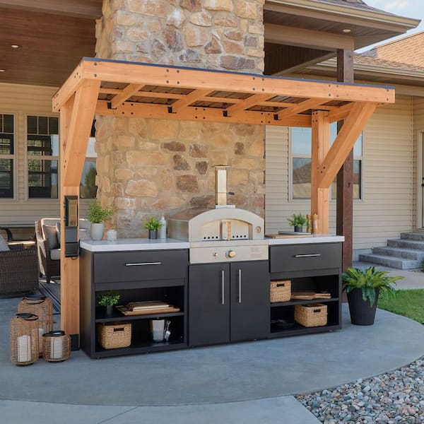Timber Rock Propane Pizza Oven Outdoor Kitchen Cooking Grill Island in Gray Stainless Steel with Quartz Countertops