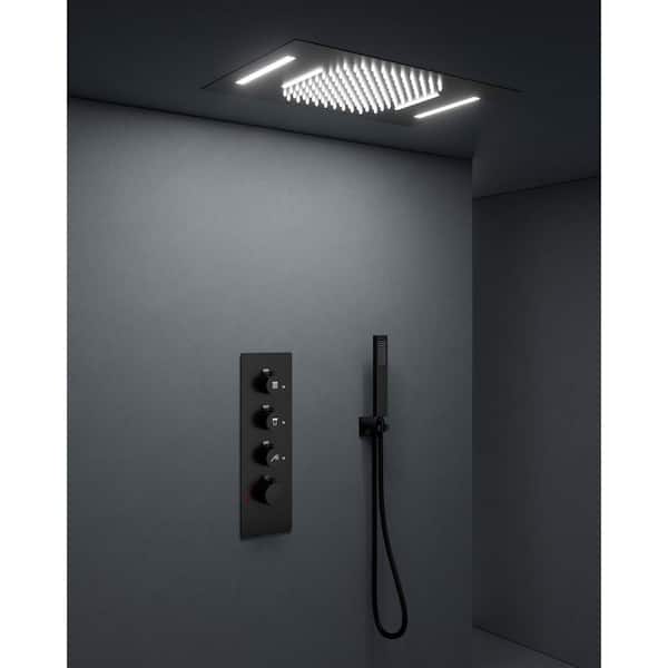 CRANACH Thermostatic 7-Spray Ceiling Mount 23 x 15 in. Rectangle LED Shower Head with Handheld Shower and Valve in Matte Black
