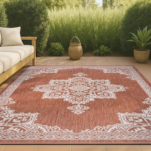 Arden Vintage Casual Medallion Terra/Cream 8 ft. x 10 ft. Indoor/Outdoor Area Rug