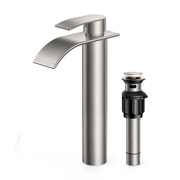 androme Waterfall 11 in. Single Hole Single Handle Bathroom Stainless Steel Vessel Faucet with Pop Up Drain in Brushed Nickel