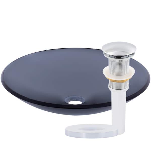 Coetaneous 18 in. Shallow Round Vessel Bathroom Sink in Slate Gray Clear Glass with Drain in Chrome