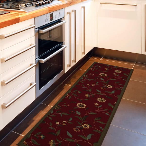 Ottohome Collection Non-Slip Rubberback Floral Leaves 2x5 Indoor Runner Rug, 1 ft. 8 in. x 4 ft. 11 in., Dark Red