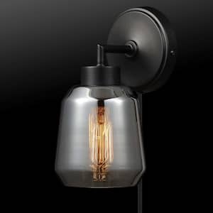 Salma 1-Light Matte Black Plug-In or Hardwired Wall Sconce with Plated Smoked Mirror Glass Shade