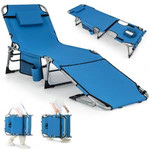 Metal Outdoor Folding 5-Position Chaise Lounge Chair with Face Hole and Adjustable Footrest Blue