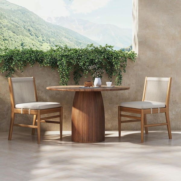 Kayden Light Brown Solid Wood Outdoor Bar Stool Dining Chair Height with Light Gray Cushion Woven Rope Backrest 2-Pack
