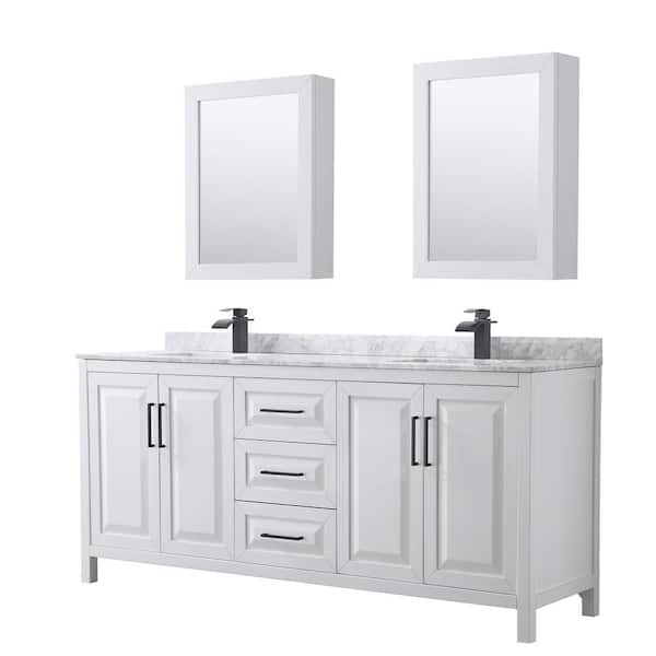 Wyndham Collection Daria 80 in. W x 22 in. D x 35.75 in. H Double Bath Vanity in White with White Carrara Marble Top and Med Cab Mirrors