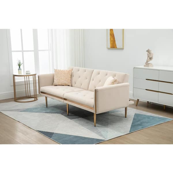 GODEER 73 in. W Rolled Arm Velvet Straight Three Seat Sofa with Metal Feet in Beige