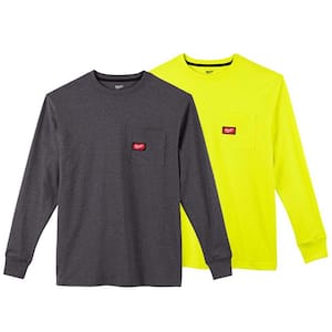 Men's Small Gray and High Visibility Heavy-Duty Cotton/Polyester Long-Sleeve Pocket T-Shirt (2-Pack)