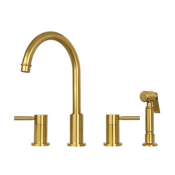 Akicon Two-Handles Deck Mount Standard Kitchen Faucet with Side Spray in Brushed Gold