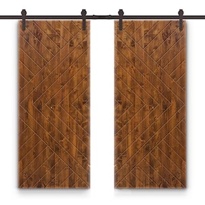 Chevron Arrow 48 in. x 84 in. Fully Assembled Walnut Stained Wood Double Sliding Barn Door With Hardware Kit