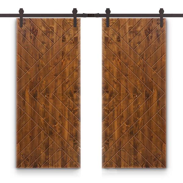 CALHOME Chevron Arrow 72 in. x 84 in. Fully Assembled Walnut Stained Wood Double Sliding Barn Door With Hardware Kit