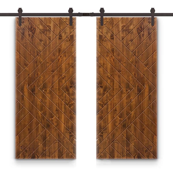 CALHOME Chevron Arrow 84 in. x 84 in. Fully Assembled Walnut Stained Wood Double Sliding Barn Door With Hardware Kit