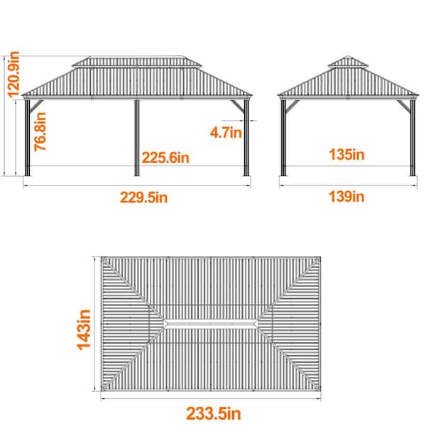 20 ft. x 12 ft. Wood Grain Aluminum Hardtop Gazebo Double Roof with Netting