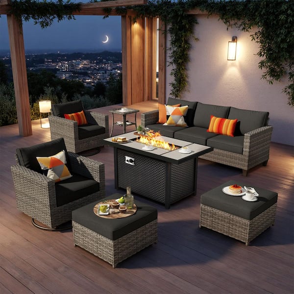 Camden Gray 7-Piece Wicker Outdoor 50000 BTU Fire Pit Patio Conversation Set with Black Cushions and Swivel Chairs