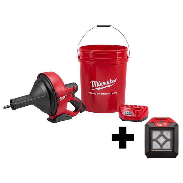 Milwaukee M12 12V Lithium-Ion Cordless Auger Snake Drain Cleaning Kit with 1000 Lumens M12 Flood Light