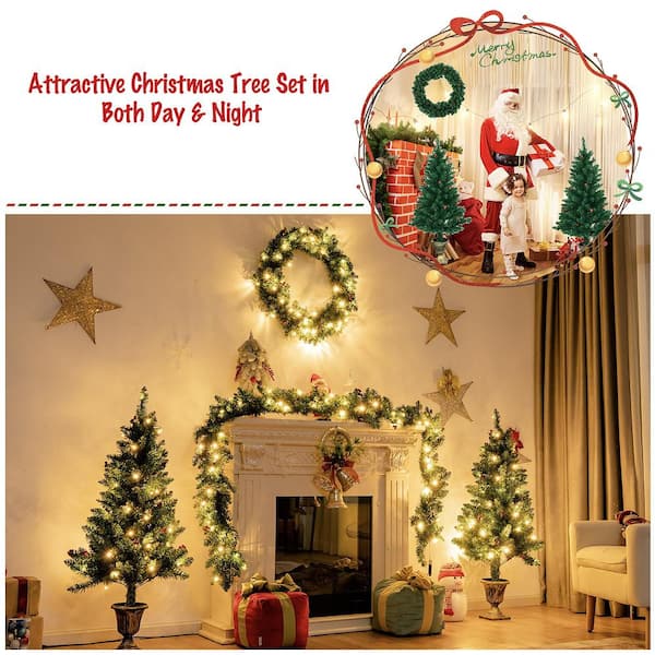 9 ft. Pre-Lit Christmas Decoration Set Artificial Christmas Garland Wreath and Entrance Trees (4-Pieces)