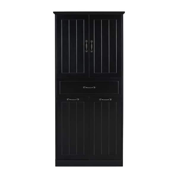 Adrinfly 29 in. W x 15.7 in. D x 65.8 in. H Black Linen Cabinet with Two Laundry Baskets, Doors and Drawer