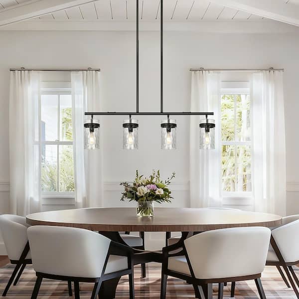 Kinlea 4-Light Black Modern Cylinder Chandelier with Clear Hammered Glass Shades for Kitchen Island, Bedroom