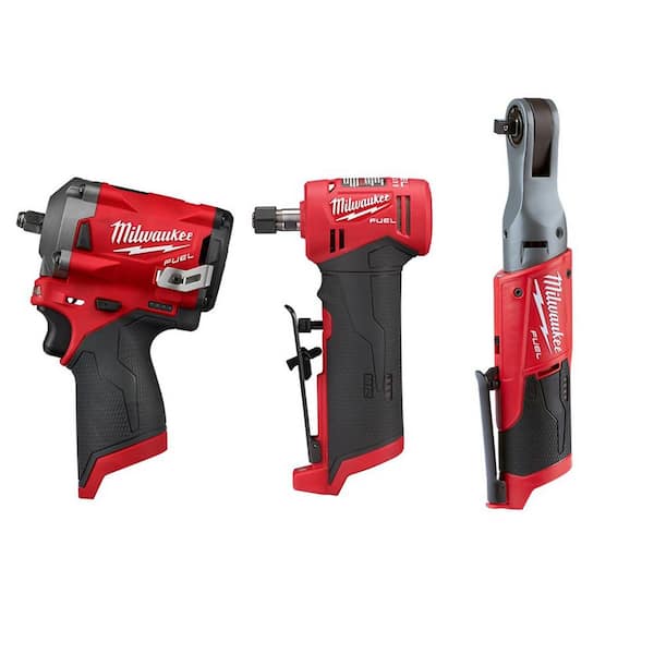 Milwaukee M12 FUEL 12V Lithium-Ion Brushless Cordless Stubby 3/8 in. Impact Wrench / 3/8 in. Ratchet/Die Grinder (3-Tool)