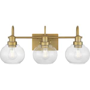 Halyn 23 in. 3-Light Vintage Brass Bathroom Vanity Light with Clear Glass Shades