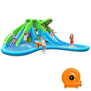 Inflatable Splash Crocodile Water Slide Park Climbing Wall and Pool with 780-Watt Blower