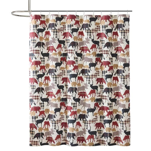 Animal Plaids 1-Piece Off White/Grey/Red Cotton Blend 72 x 72 Shower Curtain