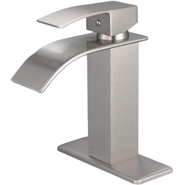 Unbranded Single Handle Single Hole Bathroom Faucet with Deckplate Brass Waterfall Bathroom Vanity Taps in Brushed Nickel