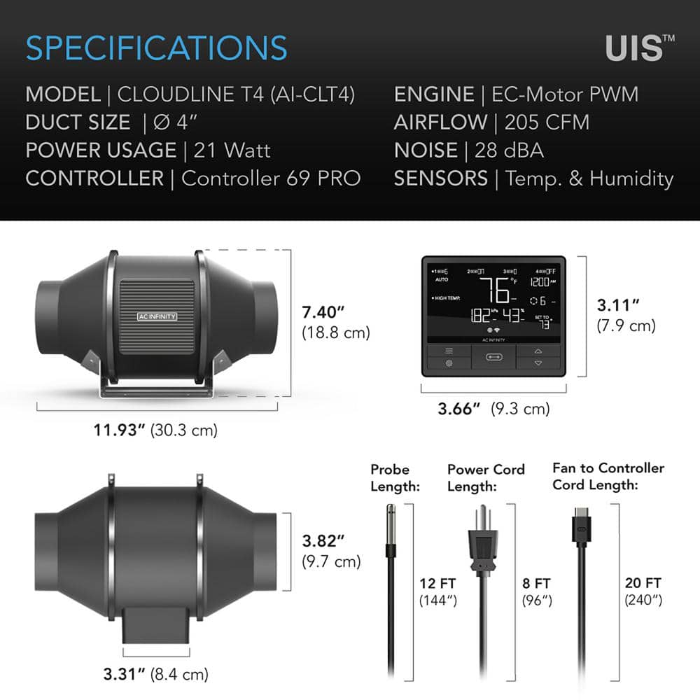 AC Infinity Black Wall Mounted Intake/Exhaust Fan with LCD Display