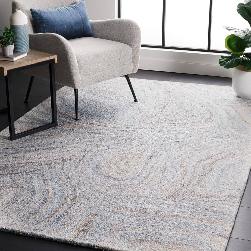 Handmade Blue and Beige Wool Blend Abstract Rug, 6' x 9'