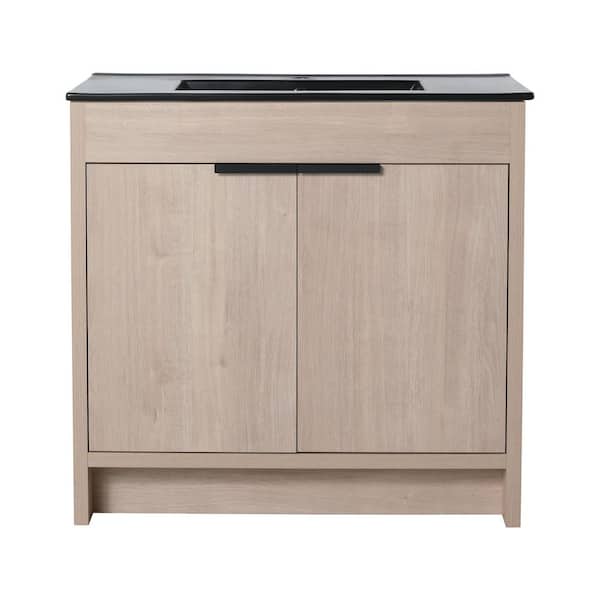 Unbranded Quality Durable 36 in. W x 18.5 in. D x 34 in. H Freestanding Bath Vanity in Plain Light Oak with Black Ceramic Sink Top