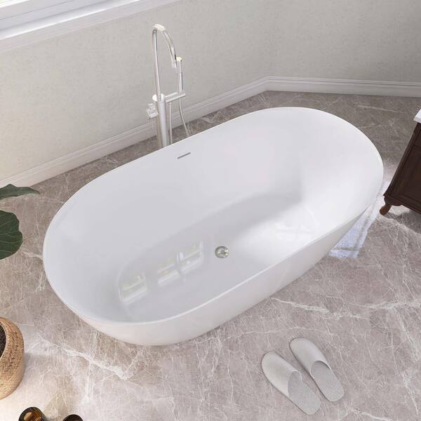 59 in. x 30 in. Acrylic Free Standing Soaking Tubs Flatbottom Oval  Freestanding Bathtub with Chrome Drain in White