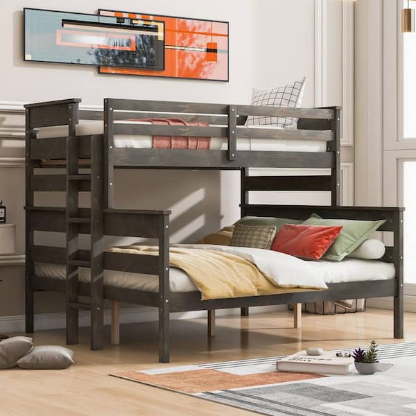 Harper & Bright Designs Detachable Style Gray Twin XL over Queen Wood Bunk Bed with Built-in Ladder, Full-Length Bedrails
