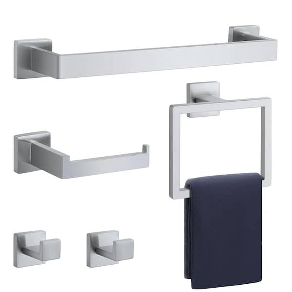 Modern 5-Piece Wall Mounted Bath Hardware Set with Towel Bar, Ring, Paper Holder and Hooks in Brushed Nickel
