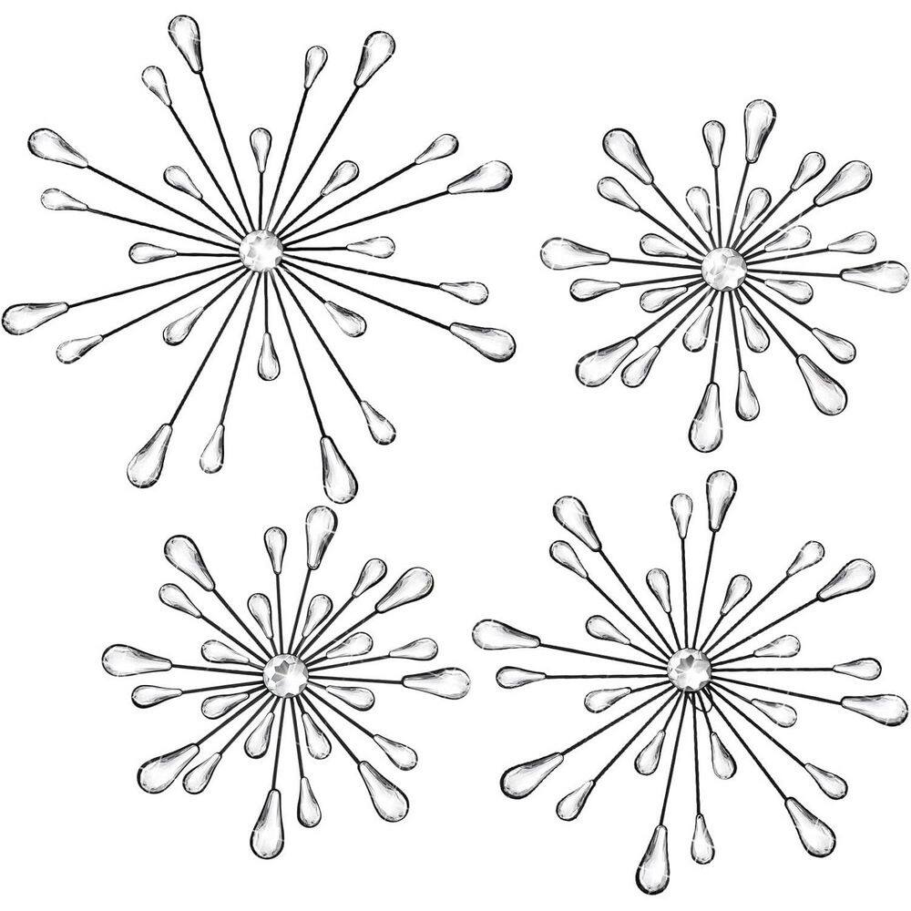 4 Pack 11.8 in. x 11.8 in. Black Metal Starburst Wall Decor with Wall Decor Crystal Teardrop 3D Hanging Metal Work