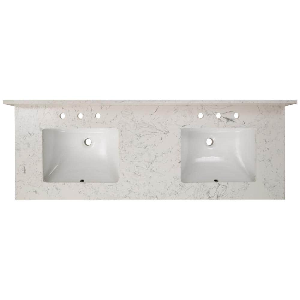 61 in. White Marble Bathroom Vanity Top with Double Sinks