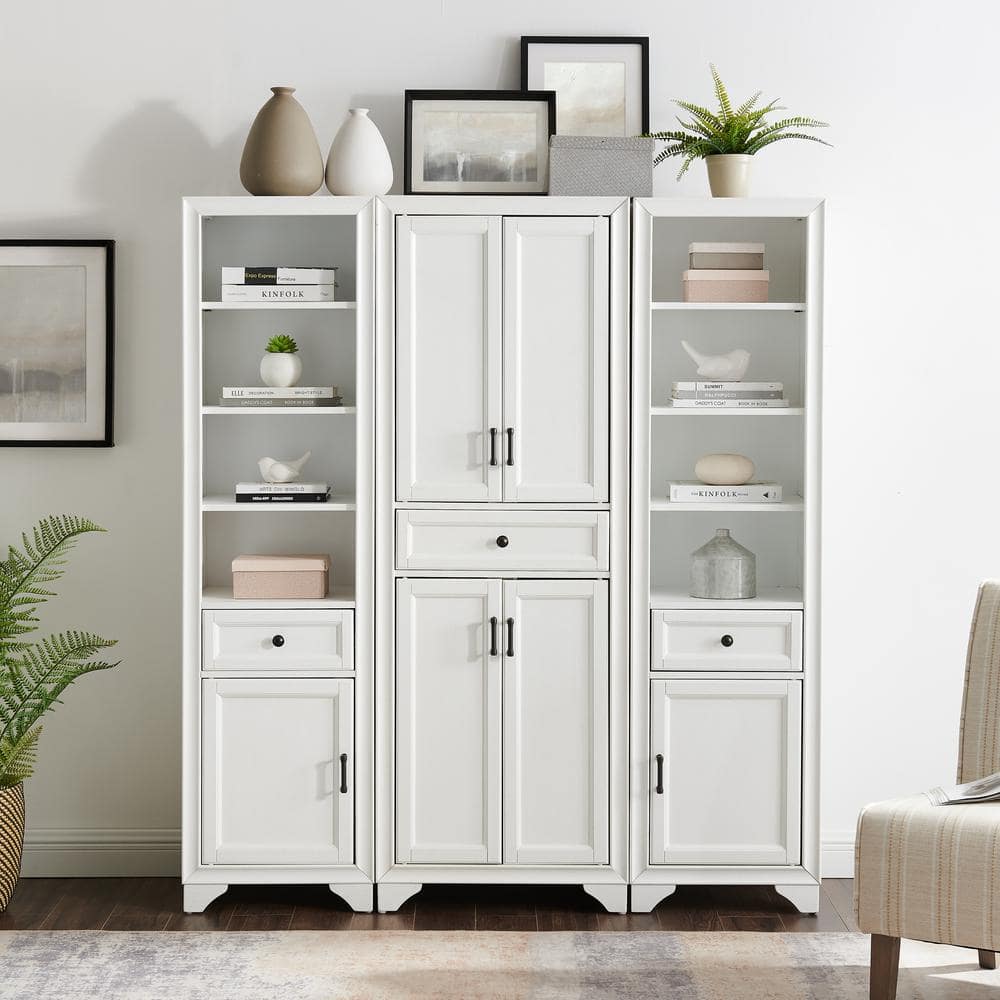 Distressed White 3-Piece Kitchen Pantry Storage Cabinet Set