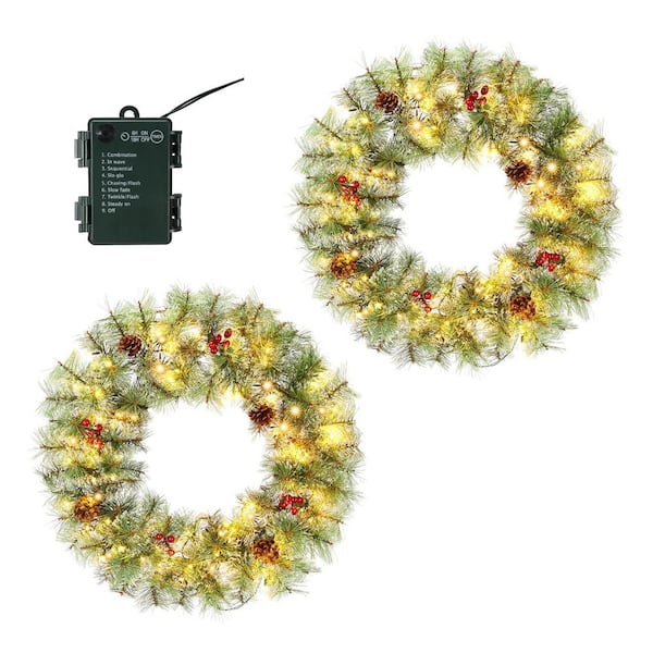 2 PCS 24in Pre-lit PVC PE Artificial Christmas Wreath with Warm Lights and Red Berries Pine Cones