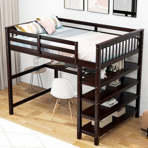 Harper & Bright Designs Modern Espresso(Brown) Wood Frame Full Size Loft Bed with Under-Bed Desk, Storage Shelves and Built-in Ladder