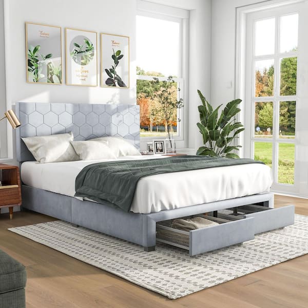 Shillo Gray Wood Frame Queen Platform Bed with 2-Drawers