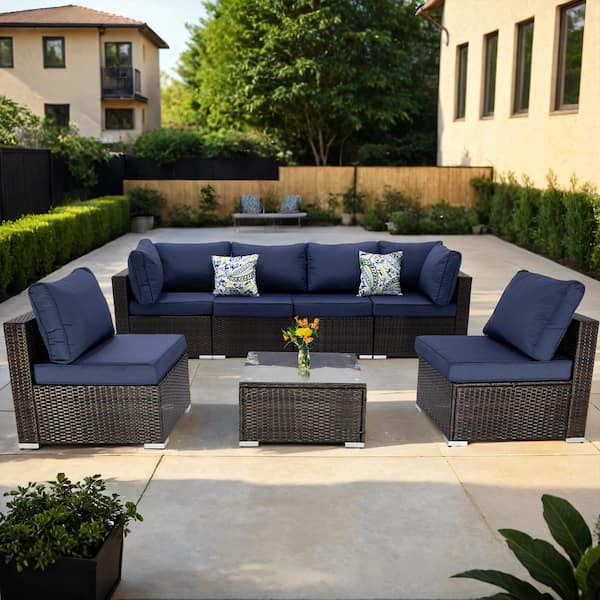 Unbranded 7-Piece Brown Gradient Wicker Patio Outdoor Conversation Set with Dark Blue Cushions Loveseat, Coffee Table, Storage Box