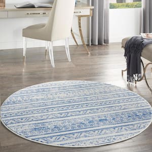 Whimsicle Ivory Blue 5 ft. x 5 ft. Abstract Contemporary Round Area Rug