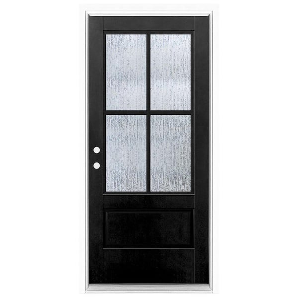 MP Doors 36 in. x 80 in. 3/4 Lite Right-Hand Inswing 4 lite SDL Water Wave Glass Finished Black Fiberglass Prehung Front Door