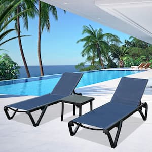 Navy Blue Outdoor Chaise Lounge Chair with Side Table and 5 Position Adjustable Backrest