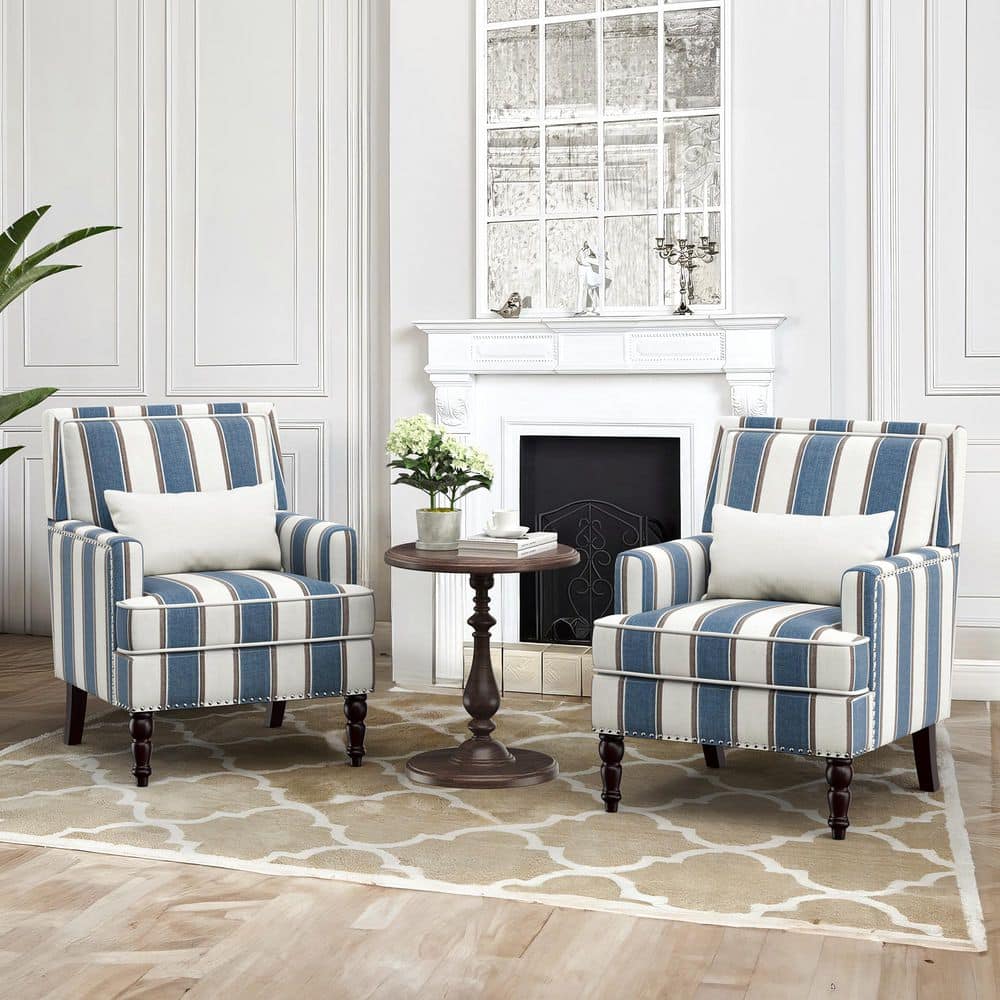 Blue White Stripe Fabric Classic Accent Arm Chair with Solid Wood Frame and Nailhead Trim (Set of 2) price history on PriceWatchPro