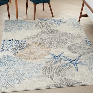 Pompeii Ivory Grey Blue 6 ft. x 9 ft. Floral Abstract Coastal Contemporary Area Rug