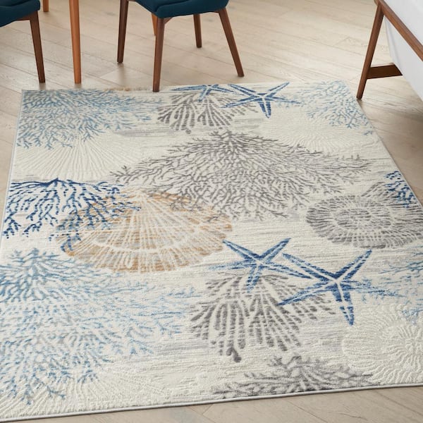 Pompeii Ivory Grey Blue 6 ft. x 9 ft. Floral Abstract Coastal Contemporary Area Rug