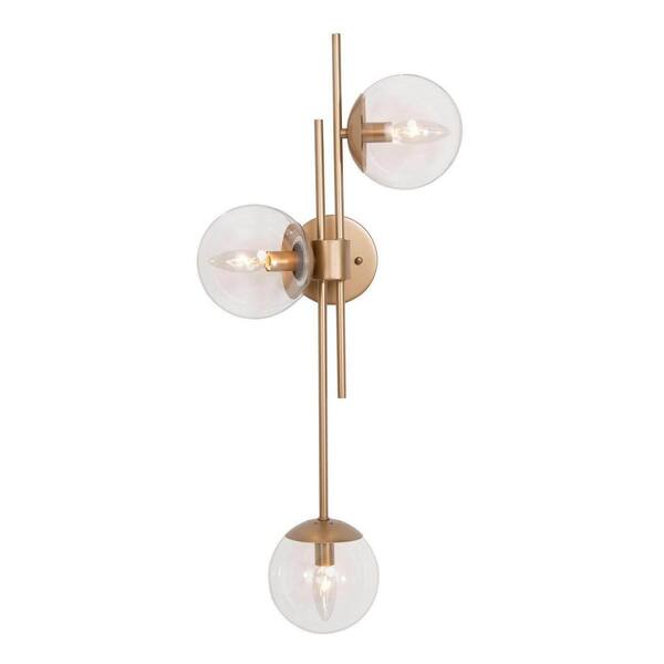 Gold Wall Sconce With Clear Glass Shades - 3-Light Modern Vanity Light For Bathroom & Bedroom