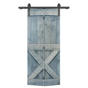 22 in. x 84 in. Mini X-Series Solid Core Denim Blue Stained DIY Wood Bi-Fold Barn Door with Sliding Hardware Kit