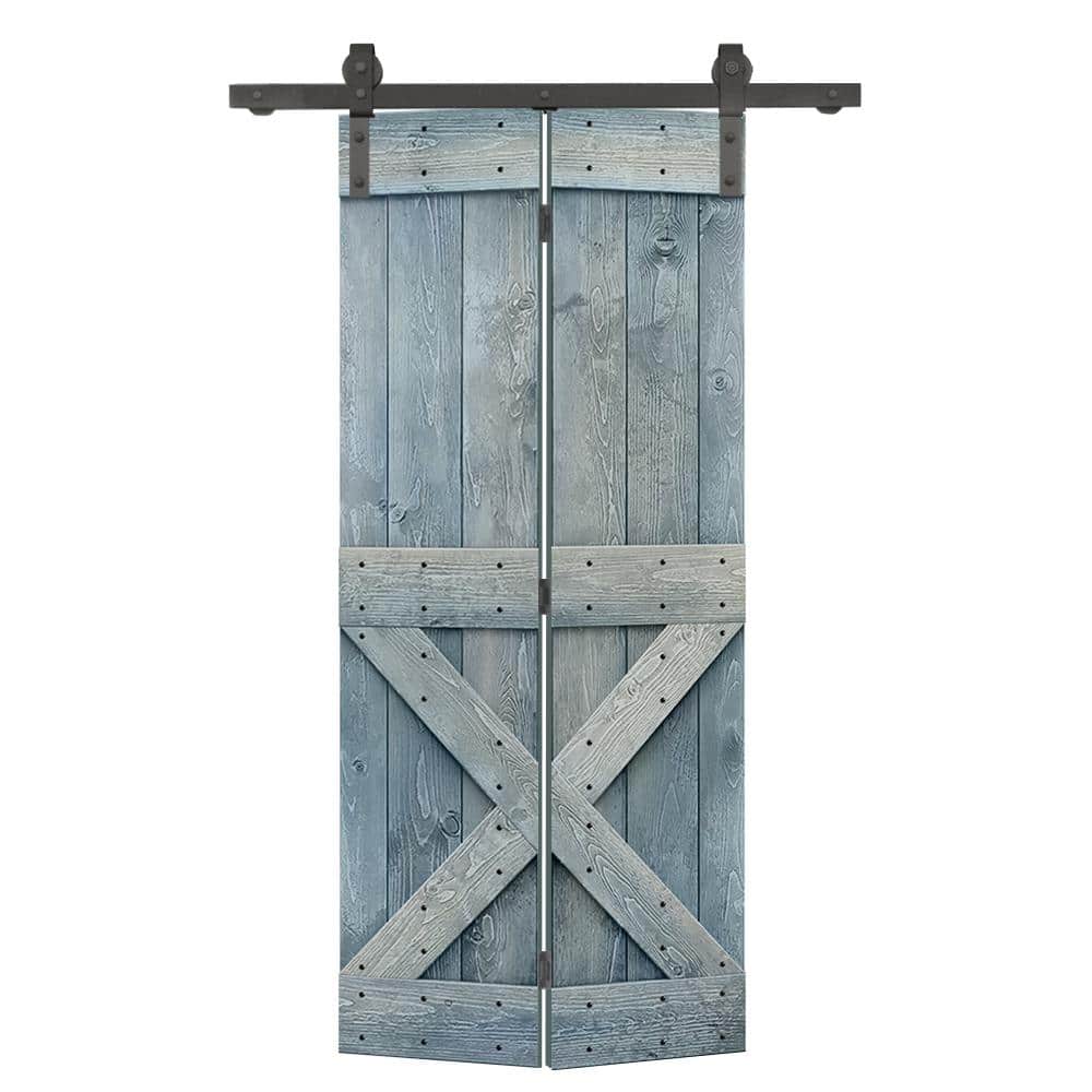 26 in. x 84 in. Mini X Series Denim Blue Stained DIY Wood Bi-Fold Barn Door with Sliding Hardware Kit price history on PriceWatchPro
